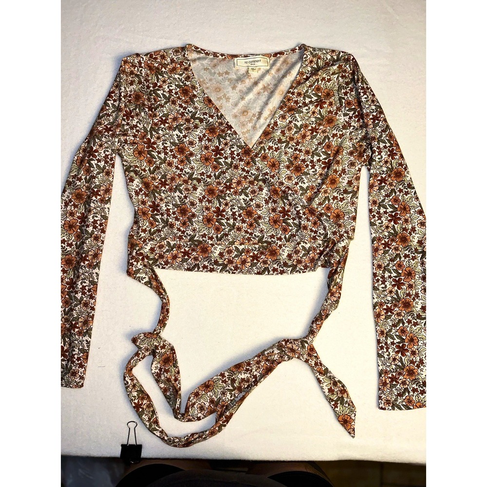 No Comment Floral Wrap Blouse V-Neck Tie Long Sleeve Brown Ivory Green L
